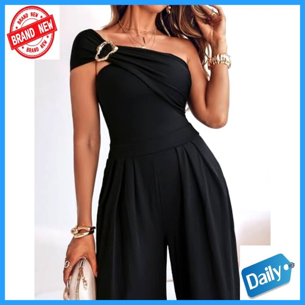 One Shoulder Jumpsuit Ruched Waist Wide Leg Elegant Party Wear Stretchy Fabric - Picture 3 of 7